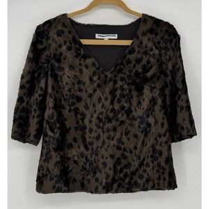 Trina Turk Coquette Faux Fur Leopard Print Pullover Top Brown Black V-Neck Small